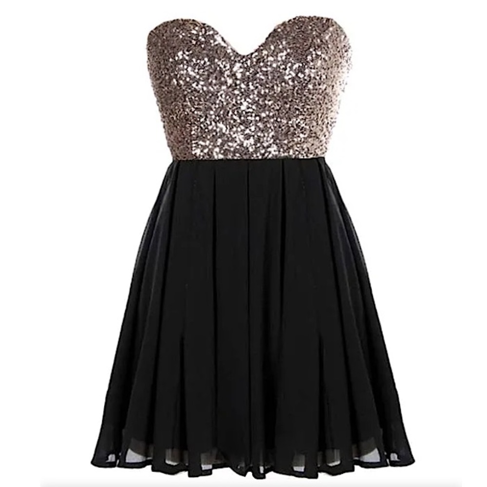 WINDSOR #106 Strapless Black + Gold Sparkling Sweetheart Sequin Dress MEDIUM